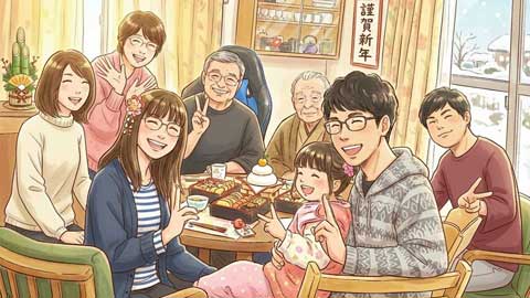 正月の金子家のイラスト